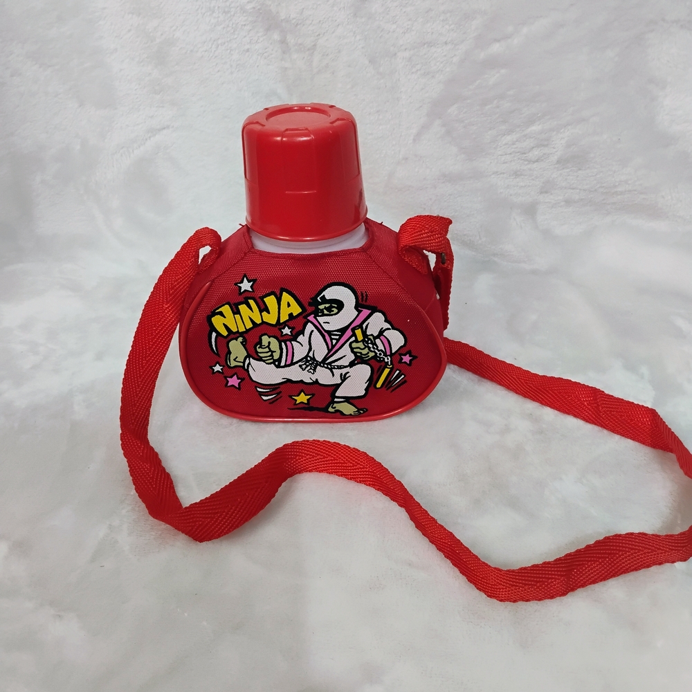 Vtg 80s 90s Kids Ninja Red Canteen Water Bottle & Strap Kool Aid Retro M